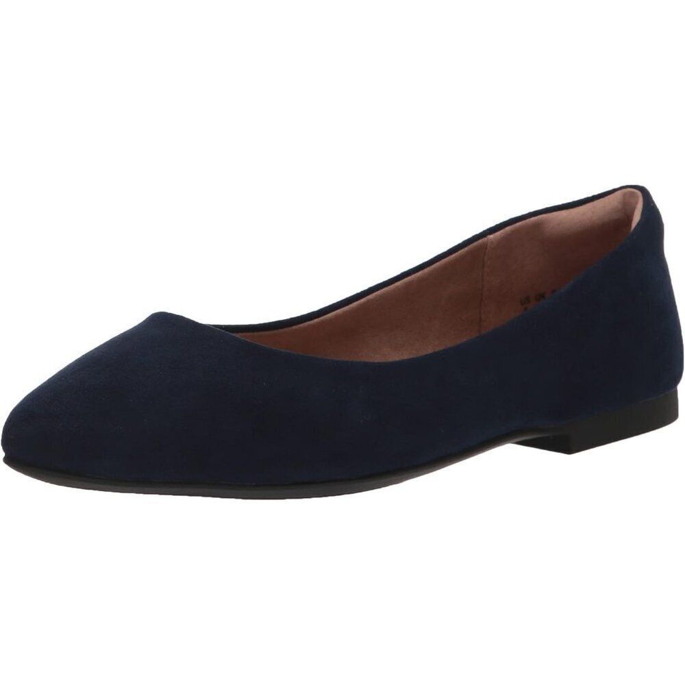 Womens Navy Faux Leather Closed Pointed-Toe Low Heel Slip On Ballet Shoes